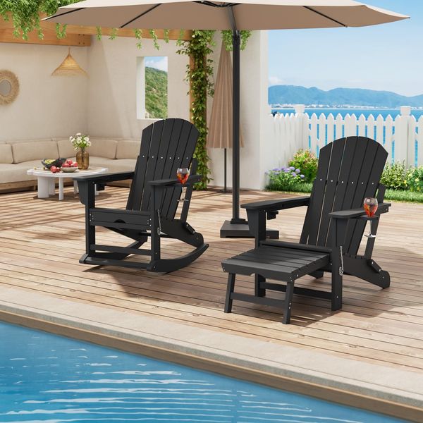 2-in-1 Faltbarer Schaukelstuhl Aus HDPE, Adirondack-Liegestuhl Mit Getränkehalter, Breiten Armlehnen Und Fußstütze, Wetterfester Gartenstuhl, Für Terrasse Und Pool, 73,9 x 84 x 104,6 cm (1 Stück)