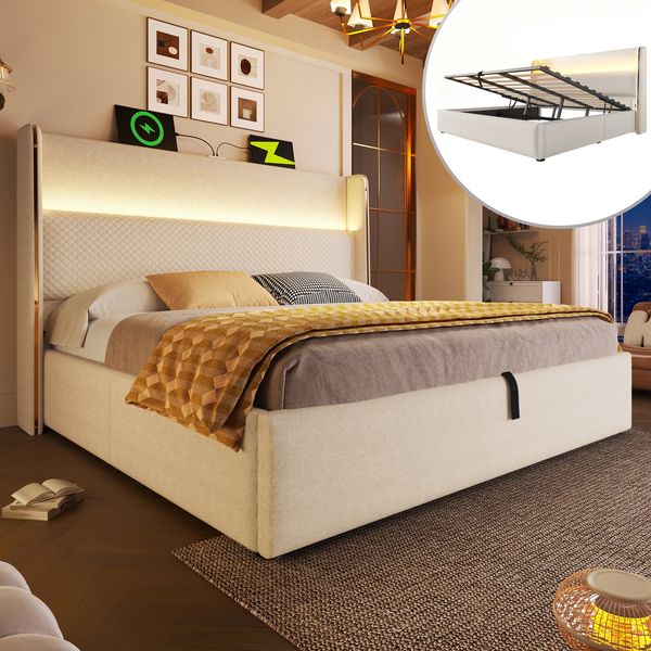 LED Bettgestell mit Hohem Kopfteil 180x200 Stauraum Hydraulisch USB Ladestation RGB Beleuchtung Beige Metall Holz Rahmen Ohne Matratze 226kg Tragkraft