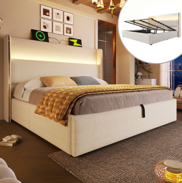 LED Bettgestell mit Hohem Kopfteil 180x200 Stauraum Hydraulisch USB Ladestation RGB Beleuchtung Beige Metall Holz Rahmen Ohne Matratze 226kg Tragkraft