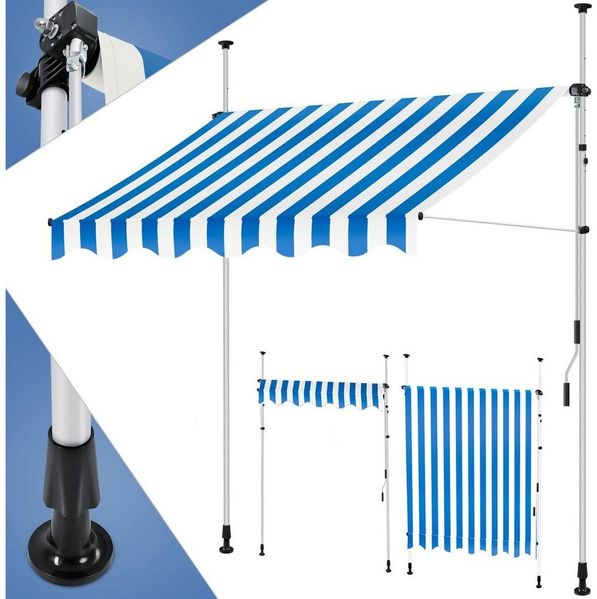 KESSER® Klemmmarkise mit Handkurbel Balkon, Balkonmarkise ohne Bohren, UV-beständig höhenverstellbar wasserabweisend , Sonnenschutz, Terrassenüberdachung , einfache Montage 150cm, Blau-Weiß