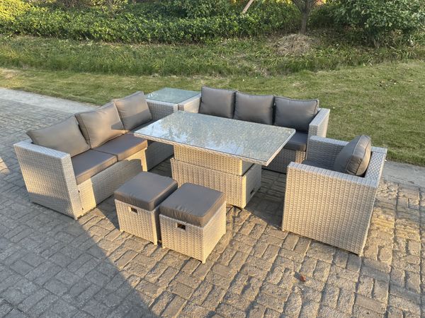 Fimous Polyrattan Essgruppe Gartenmöbel Set Höhe verstellbar Esstisch Set mit Sofa Sessel Beistelltisch Kleiner Fußhocker Helles Grau