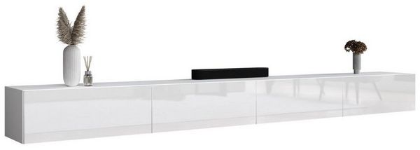 Planetmöbel TV Board 320 cm Weiß, TV Schrank mit 4 Klappen als Stauraum, Lowboard hängend oder stehend, Sideboard Wohnzimmer