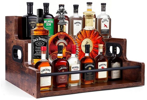 BlingBin Weinregal 3 Stufen Holz Weinständer, Flaschenregal für Spirituosenflaschen, Maße: 40,64 x 30,48 x 23,5 cm 1-tlg, Lagerregal mit Griffe & Tablett für Whiskey, Likör, Kaffee, Wein