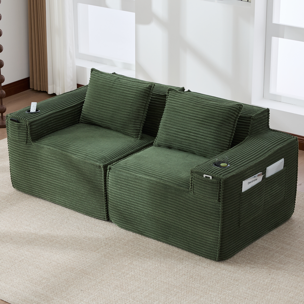 Modulares 2-Sitzer Cordsofa, Getränkehalter, Seitentaschen, Federkern, Grün