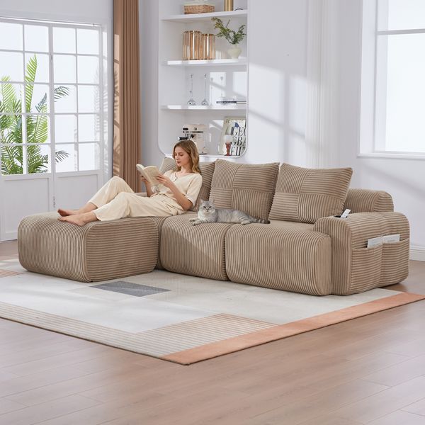 Modulares 3-Sitzer Cordsofa m. Hocker, Getränkehalter, Tasche, Khaki