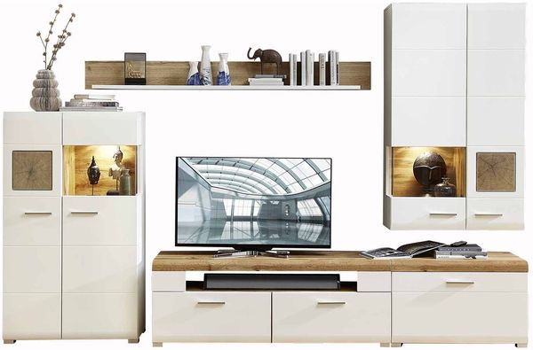 Wohnwand Friedberg / ABW Fun Plus, Glas, Holzwerkstoff, Weiß, Holzfarben, 320 x 205 x 47 cm