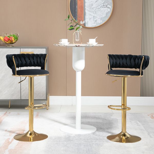 Schwarzes Samt-Barhocker-Set (2er), 360° drehbar & höhenverstellbar, 54x46x78 cm