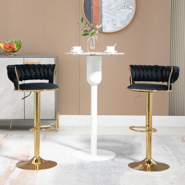 Schwarzes Samt-Barhocker-Set (2er), 360° drehbar & höhenverstellbar, 54x46x78 cm