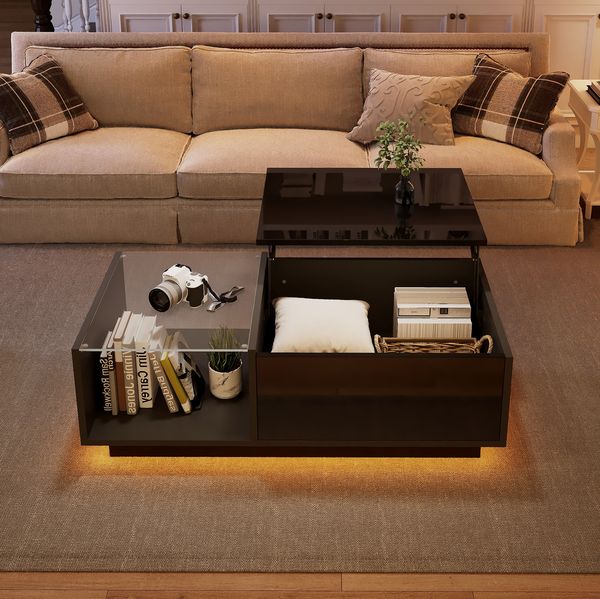Couchtisch 100x50x33-46,5 cm mit App-LED, Hochglanz und höhenverstellbarer Platte in Schwarz