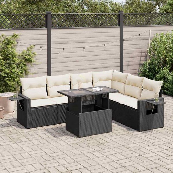 vidaXL 7-tlg. Garten-Sofagarnitur mit Kissen Schwarz Poly Rattan 3326487