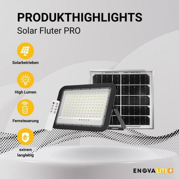 ENOVALITE LED Solarleuchte Solarstrahler PRO, LED-Fluter, 6 W PV, 800 lm, 6500K, IP65, LED fest integriert, Tageslichtweiß, kaltweiß, steuerbar mit Fernbedienung, Solarfluter mit Akku