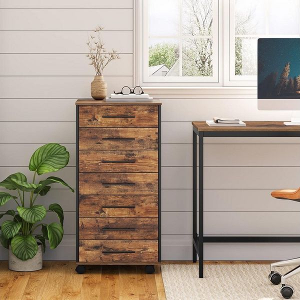 Hoobro Rollcontainer mit 7 Schubladen, Aktenschrank Holz, Büroschrank auf Rollen