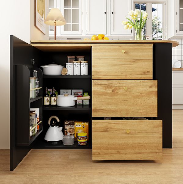 Ausziehbarer Bartisch 138–204×39×104 cm, 360° Dreh- und Ausziehfunktion, Wellendekor-Türen, 3 Schubladen, 3-stufiges Seitenregal, 104cmx138-204cmx39cm, Schwarz