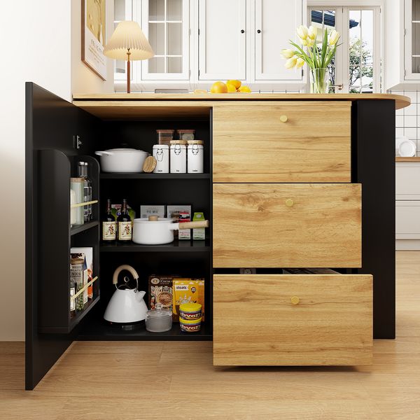 Ausziehbarer Bartisch 138–204×39×104 cm, 360° Dreh- und Ausziehfunktion, Wellendekor-Türen, 3 Schubladen, 3-stufiges Seitenregal, 104cmx138-204cmx39cm, Schwarz