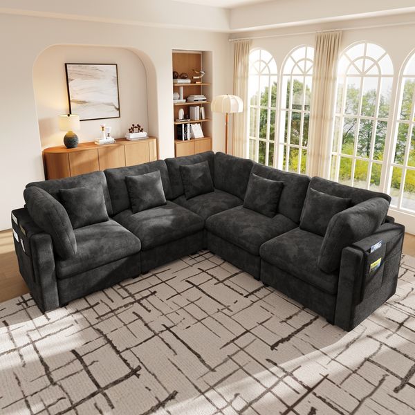 Merax L‑förmiges Ecksofa, 5‑Sitzer Modulsofa mit 3 Armlehnen‑Seitentaschen und 5 Kissen, Chenille‑ und Waffelstruktur‑Stoff, grau