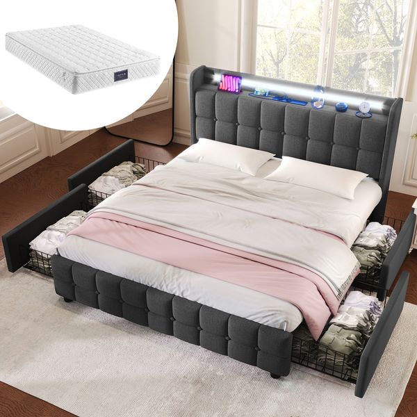 Polsterbett 160×200 cm mit USB, Steckdosen, LED und 4 Schubladen Grau mit Matratze