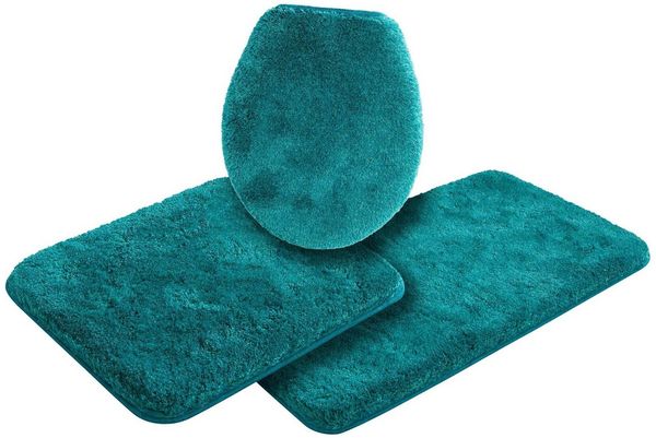 Grund Badematte Melos, Badvorleger, Badezimmer Teppich, sehr weich, Höhe 27 mm, rutschhemmend beschichtet, fußbodenheizungsgeeignet, Kunstfaser, rechteckig, 3-tlg. Hänge-WC Set, melierte Optik, sehr weicher Flor, Melange-Effekt, Made in Europe