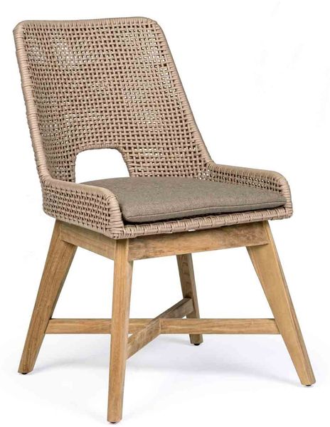 Gartenstuhl Hesperia aus Teakholz und Outdoorgeflecht, skandinavischer Stil, taupe, inkl. Kissen