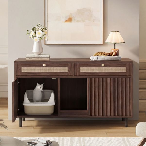 Katzentoilettenschrank mit Sandfangmatte, Katzenschrank für Katzenklo, Haustierschrank mit Rattanschubladen, Haustier-Sideboard/TV-Schrank, Ohne Katzenklo, Nussbaumfarben, 120x50x65 cm