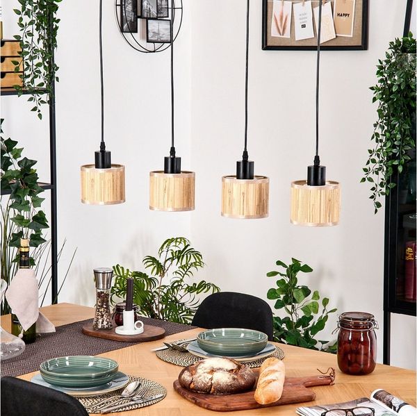 hofstein Hängeleuchte Hängelampe aus Metall/Holz/Seegras in Schwarz/Natur/Braun, ohne Leuchtmittel, Pendelleuchte im Boho/Retro/Vintage-Design mit Holzstab, 4 x E27