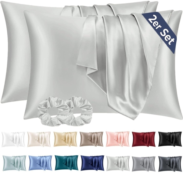 Satin Kissenbezug 2er Set 40x80 Silver Grau Haar Haut Pflege Haargummis