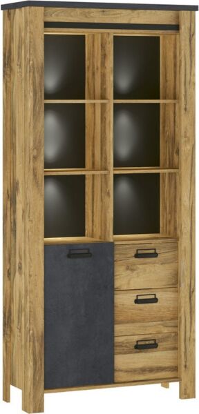 Home affaire Vitrine York, moderner Hochschrank, Schrank in Hunton Oak Dekor mit Apothekergriffen aus Metall, Industrialdesign, 200 cm hoch