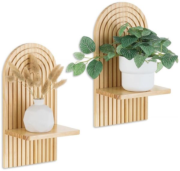 TUWENA Wandregal 2 Stück Wandregal Holz, Boho Wanddeko, Klein Pflanzregal Holzregal, 2-tlg, Wand Regale für Schlafzimmer, Wohnzimmer, Badezimmer, Balkon, Küche