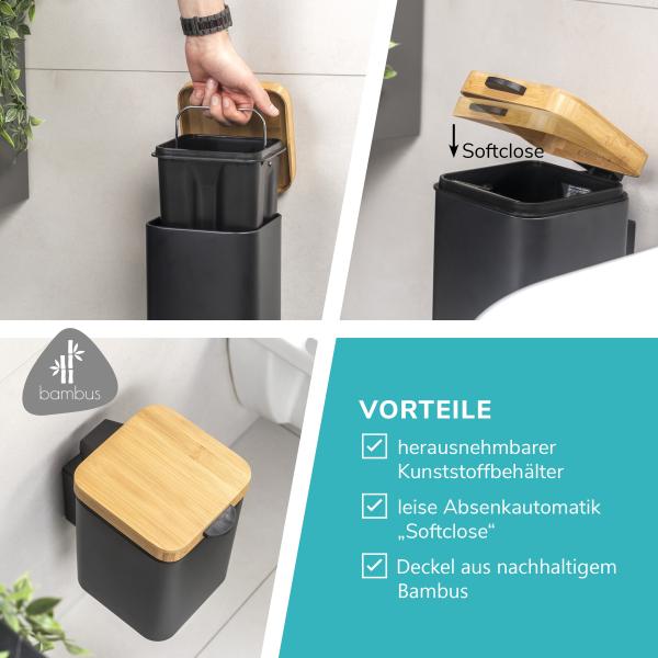 bremermann Kosmetikeimer Wand-Kosmetikeimer 3 l, Badmülleimer 2-Wege-Montage, eckig Bild 4