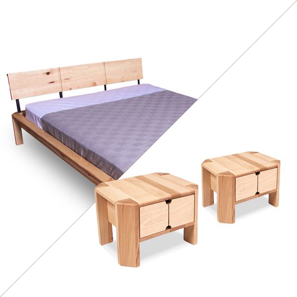 Marior HOME 'LOFT', Bett 180x200 mit 2 Nachttischen, Natürlich, Mit Schublade