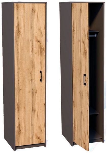 Home Collective Garderobenschrank Kleiderschrank mit 1 Tür, 1 Kleiderstange und 2 Einlegeböden 40 cm breit Schrank schmal matte Oberfläche graphit Eiche