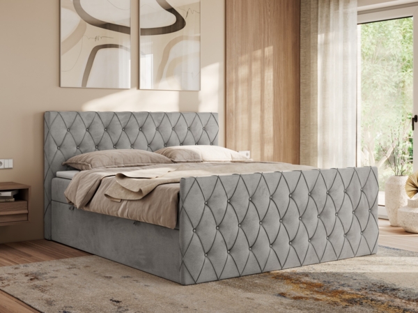 Boxspringbett mit gesteppter Front und Kopfteil, Multipocket-Matratze, zwei Bettkästen - MIREN DUO - 140 x 200 cm - Hellgrau Velvet - H3