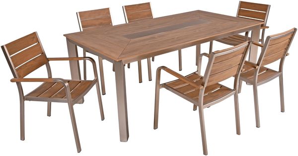 Garten-Sitzgruppe ARMIN 7tlg. - Kunststoff, Braun, Teak-Optik | Gartenmöbel-Set Gartengarnitur Garten-Essgruppe mit offenen Stapelstühlen und Esstisch
