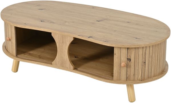 Couchtisch 108x50x37 cm in Natur mit erbsenförmiger Kontur, Rillenoptik, 2 Schiebetüren und Massivholzbeinen Bild 6