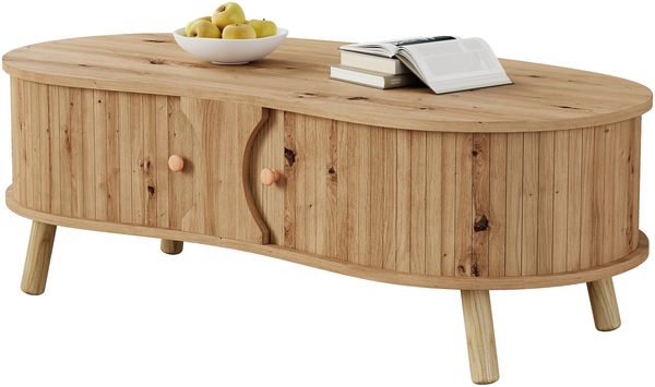 Couchtisch 108x50x37 cm in Natur mit erbsenförmiger Kontur, Rillenoptik, 2 Schiebetüren und Massivholzbeinen Bild 7
