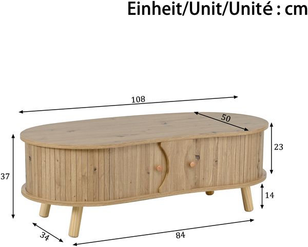 Couchtisch 108x50x37 cm in Natur mit erbsenförmiger Kontur, Rillenoptik, 2 Schiebetüren und Massivholzbeinen Bild 5