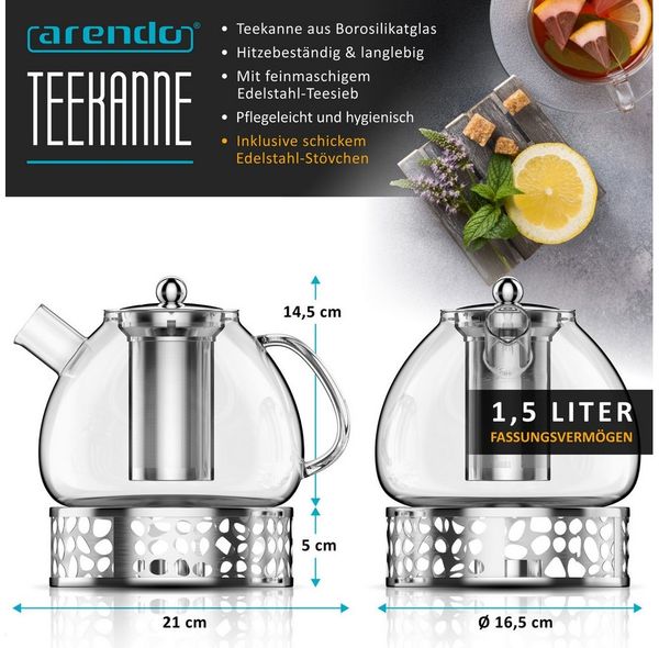 Arendo Teekanne Glas Teebereiter mit Stövchen, Sieb für losen Tee, Kräuter, Früchtetee, 1,5 l, (Set, Glaskanne, Teesieb, Rechaud), Borosilikatglas, Tischkocher, Edelstahlsieb, hitzebeständig, Geschenk