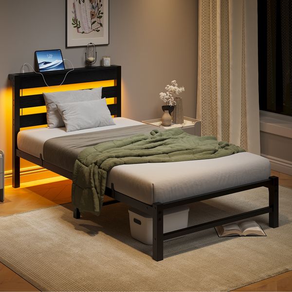 Flieks Einzelbett 90 x 200cm mit LED & USB-Ladestation, Metallbett mit hölzernem Kopfteil & Unterbett-Stauraum, Schwarz