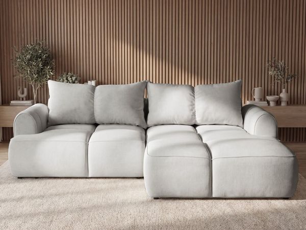 GRAINGOLD Ecksofa Boono, Sofa L-Form mit Schlaffunktion, Eckcouch für Wohnzimmer, Velour-Stoff, Hellgrau, Rechts