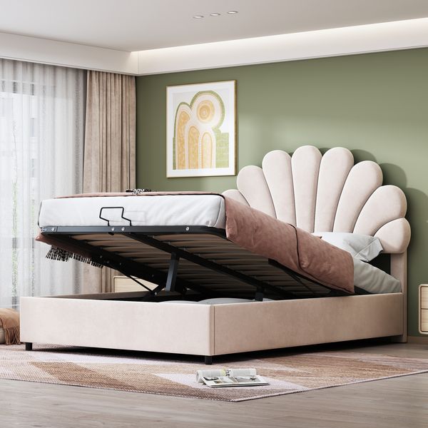 Polsterbett 140x200 Samt mit Stauraum, hydraulisch, Blumen-Kopfteil, Doppelbett modern weich,Beige