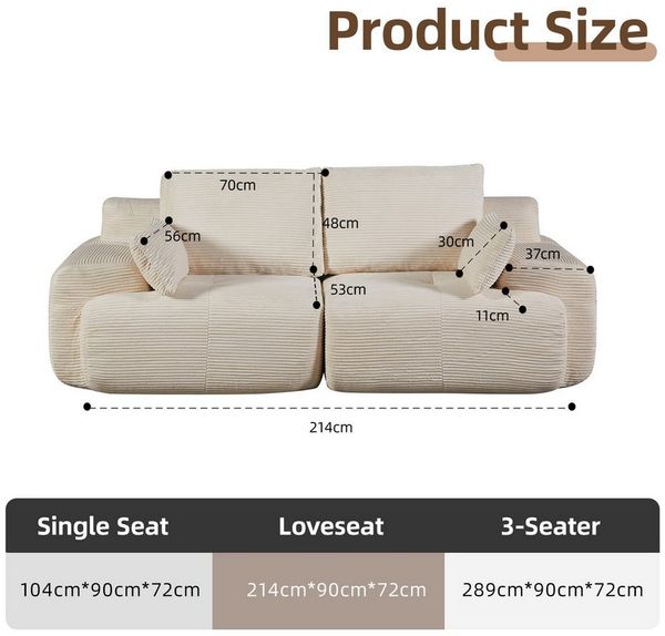 Leawin Sofa Modulares 2-Sitzer-Sofa, große liegefreie Couch, Cord-Sofa-Kombination, Komfortables Sofa mit Schaumfüllung für Wohnzimmer, Büro