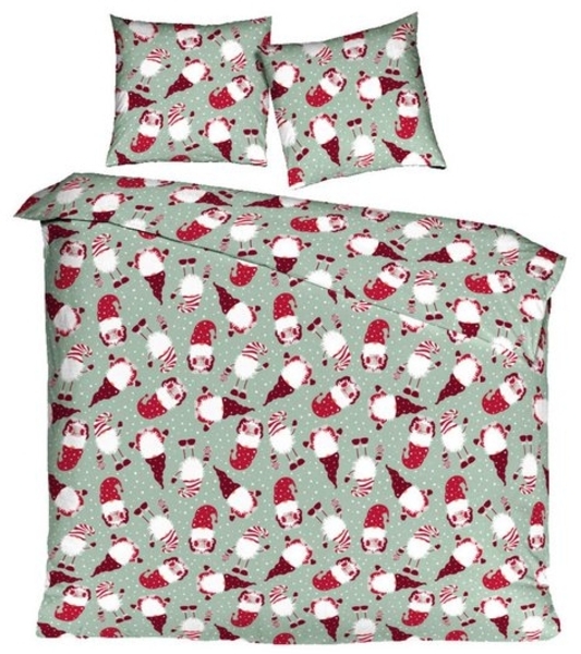 mistral home Bettwäsche 135x200cm Wichtel Schnee Grün Rot, Flanell, 2 teilig, mit süßem Wichtel Design und Sternflocken Bild 4