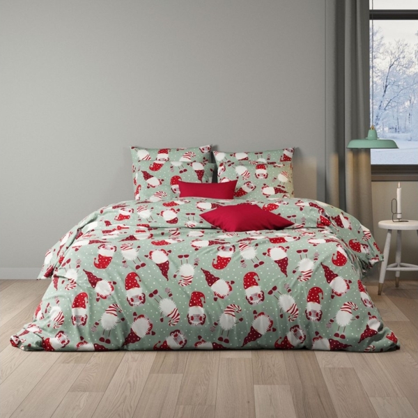 mistral home Bettwäsche 135x200cm Wichtel Schnee Grün Rot, Flanell, 2 teilig, mit süßem Wichtel Design und Sternflocken Bild 2