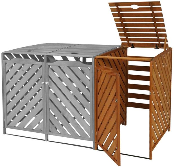 XL 1er-/2er-Mülltonnenverkleidung Erweiterung HWC-J44, Mülltonnenbox, 120x68x98cm Holz MVG-zertifiziert ~ braun Bild 3