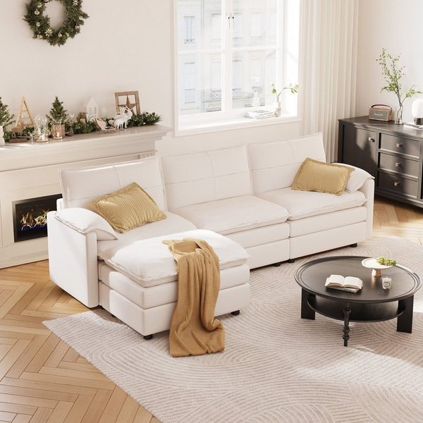 FLEXISPOT Ecksofa 4-Sitzer Sofa Sofabed mit Hocker & Stauraum, inkl. weiße Kuscheldecke, L-förmiges Ecksofa mit Dicke Sofadecke (1,5x1,5 m), Modulares Sofa platzsparend für Wohnzimmer Weiß