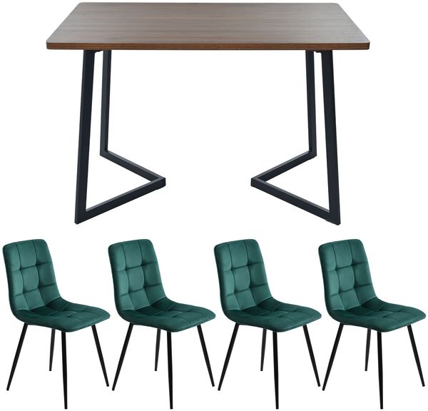 Merax Essgruppe (5-tlg),Esstisch mit 4 Stühlen Set, Moderner Küchentisch Set , Holzmaserung Küchentisch mit Schwarz Metallbeinen, MDF Tischplatte in Walnussfarbe,Dunkelgrün Samt Esszimmerstühle Bild 3
