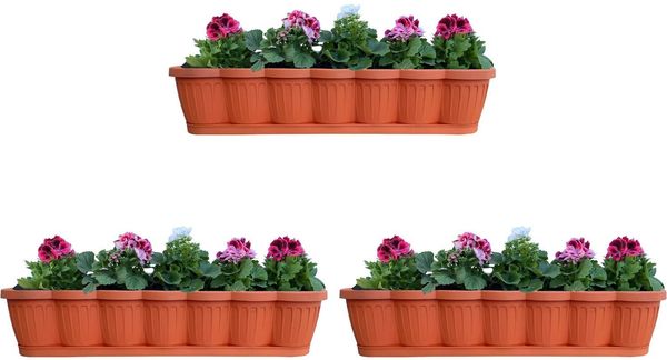 Blumenkasten Balkonkasten Pflanzkasten Terracotta im Wellendesign inkl. passenden Bewässerungsuntersetzer 40, 60 oder 80 cm