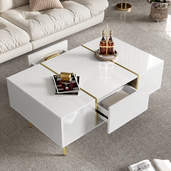 Moderner Couchtisch in Schwarz mit Hochglanz und 2 Schubladen,100×60×41.5 cm, Weiß,modernes Design, viel Stauraum