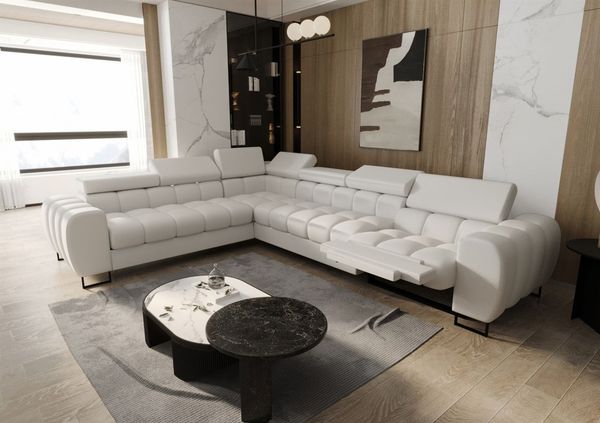 Ecksofa Schlafsofa BASTIEN RELAX in Stoff Terra Hellbeige Ottomane Links