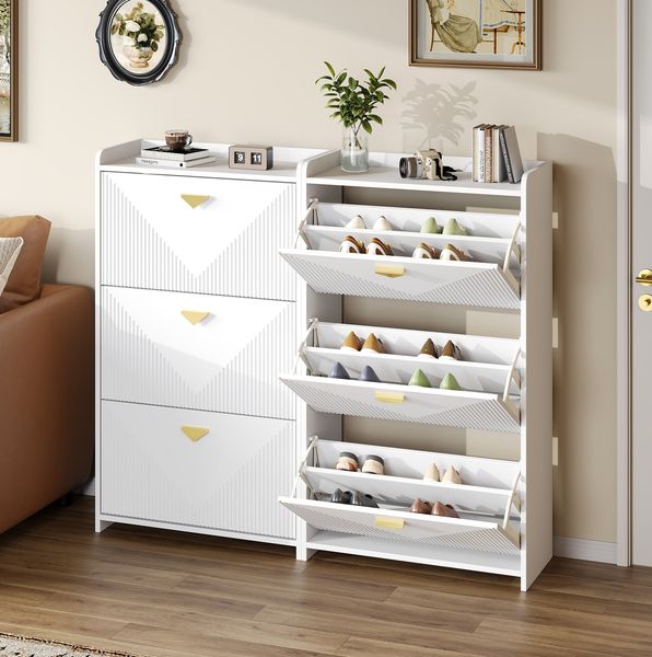 Schuhschrank 70 x 30 x 120 cm aus MDF, weiß, mit 3 Klapptüren und verstellbaren Trennwänden