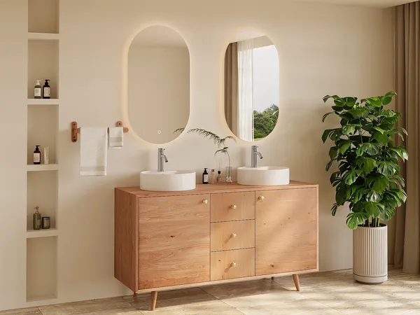 Vente-unique - ZARENO Waschbeckenmöbel Holz, Platte Beige - B 50,5 cm x H 80 cm x L 145 cm